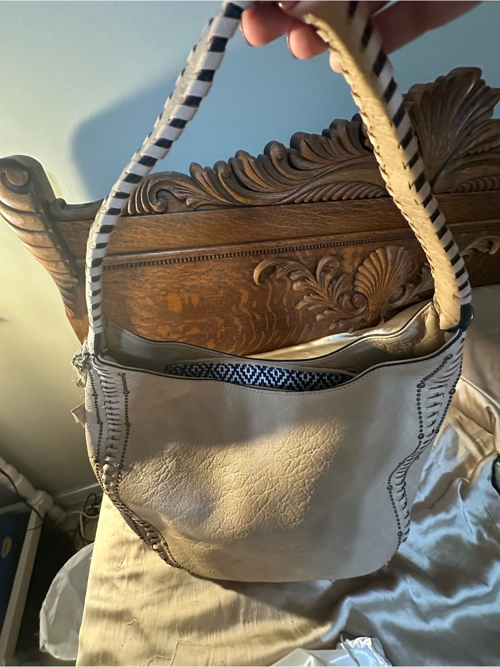 Vegan Leather Hobo Satchel Bag with Stitched Trim and Strap